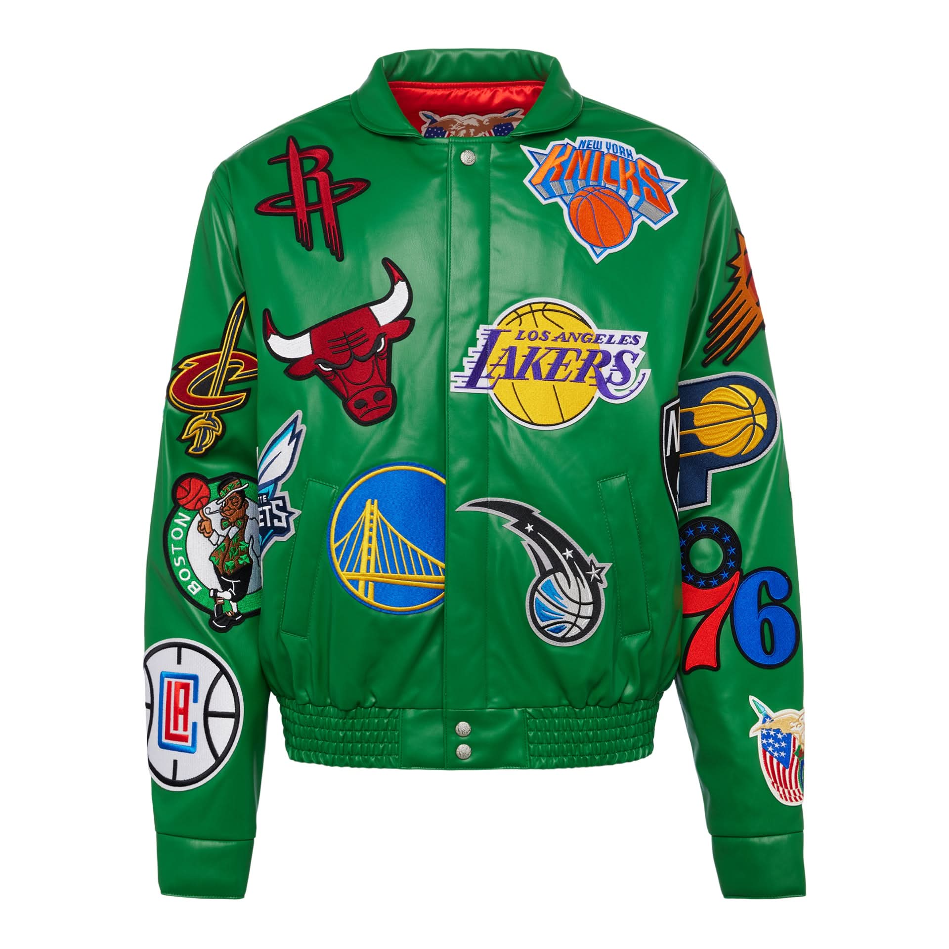 NBA Collage Vegan Leather Jacket Kelly Green