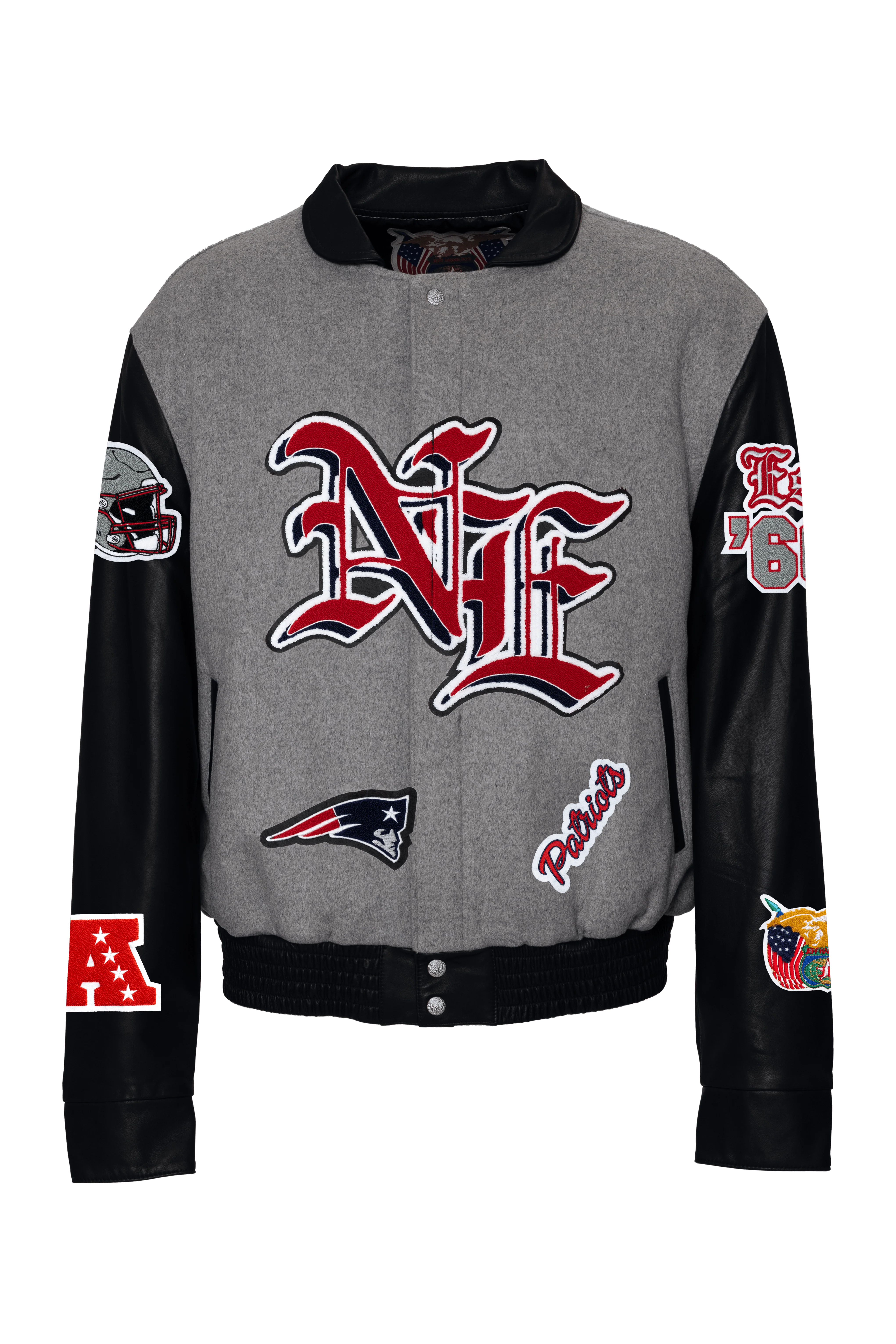 New England Patriots Wool & Leather Old English Varsity Jacket Gray/Black - Image 2