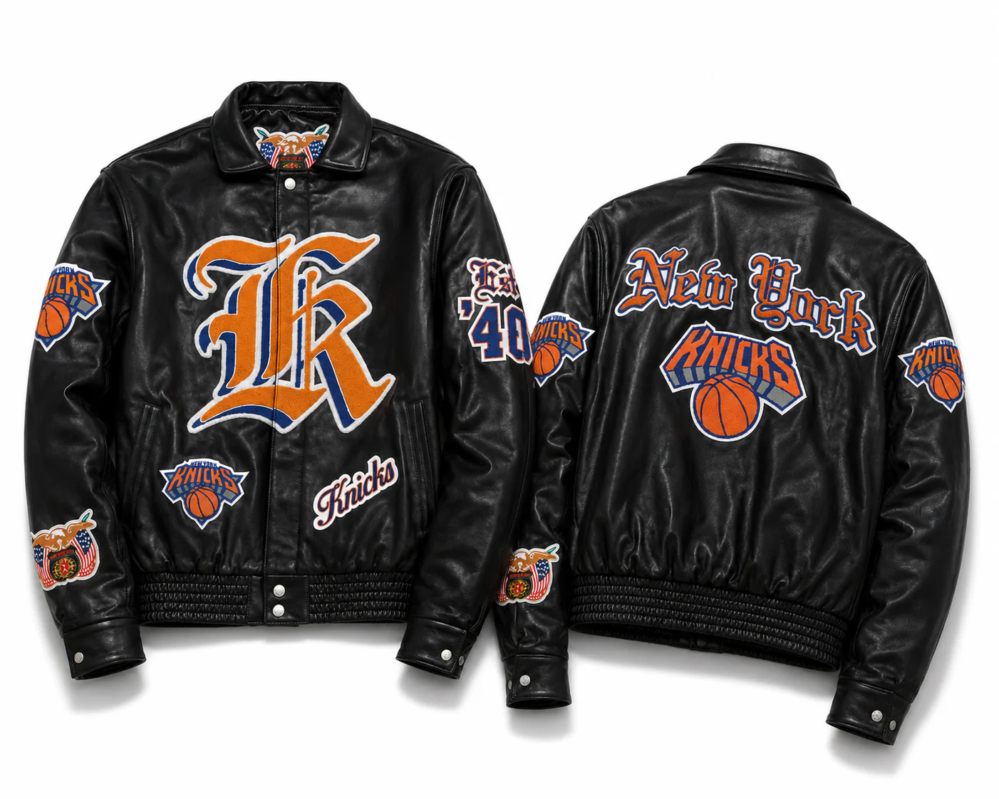 New York Knicks Old English Full Leather Jacket Black - Image 3