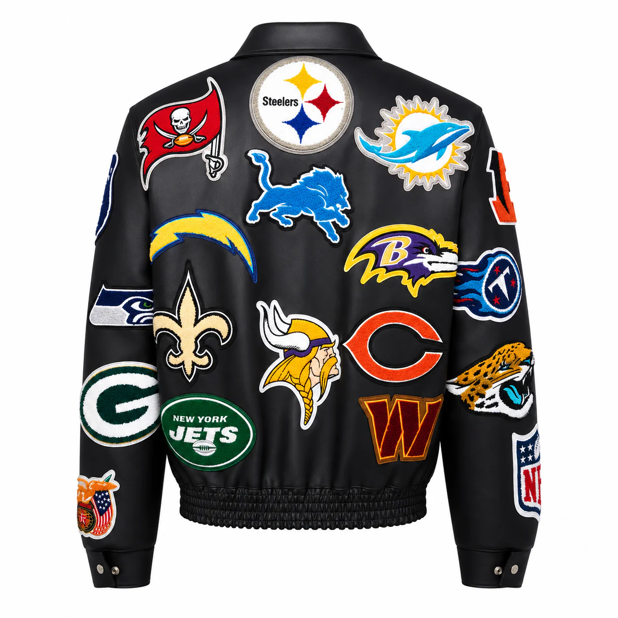 NFL Collage Vegan Leather Jacket Black - Image 2