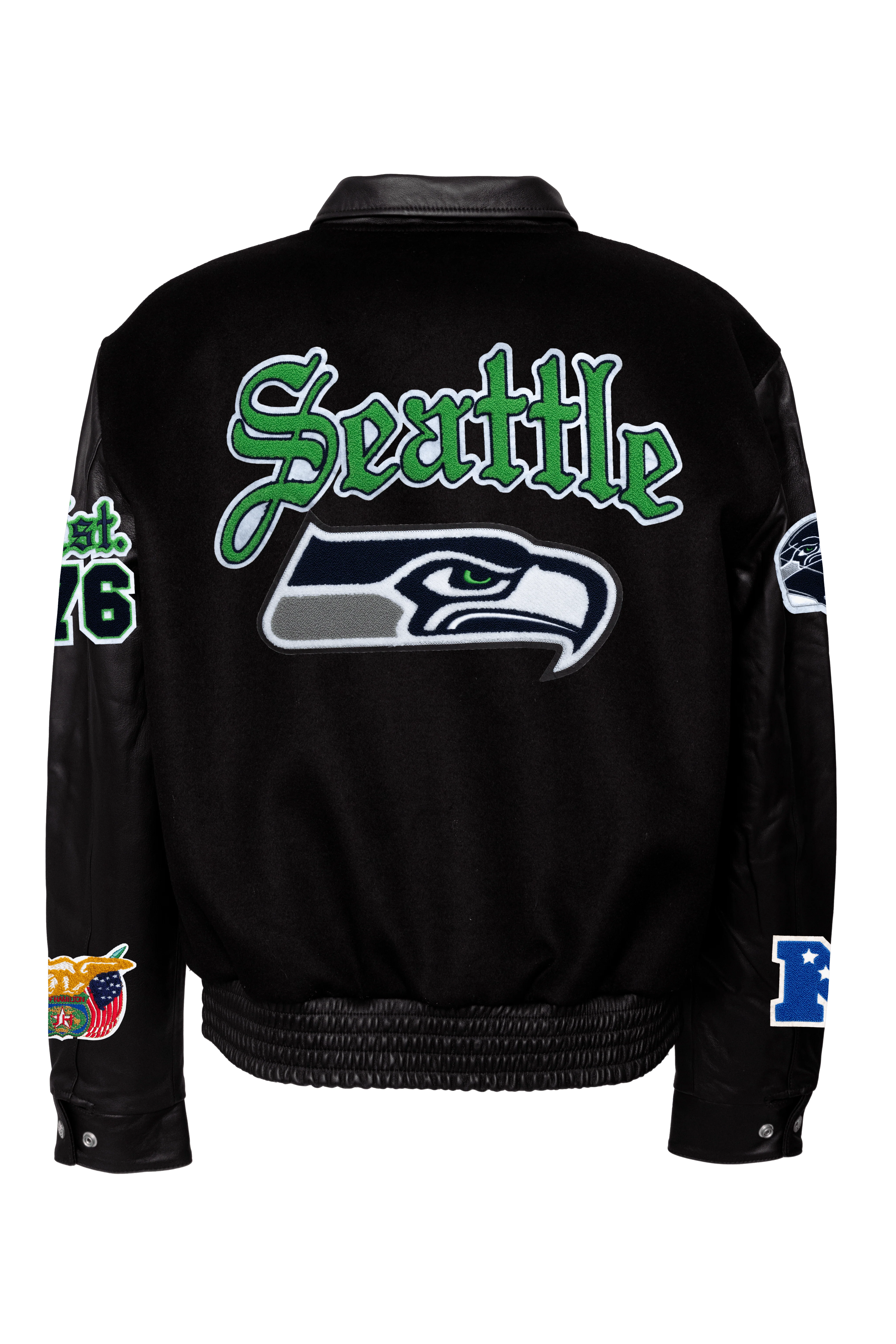 Seattle Seahawks Wool & Leather Jacket Old English Black on Black