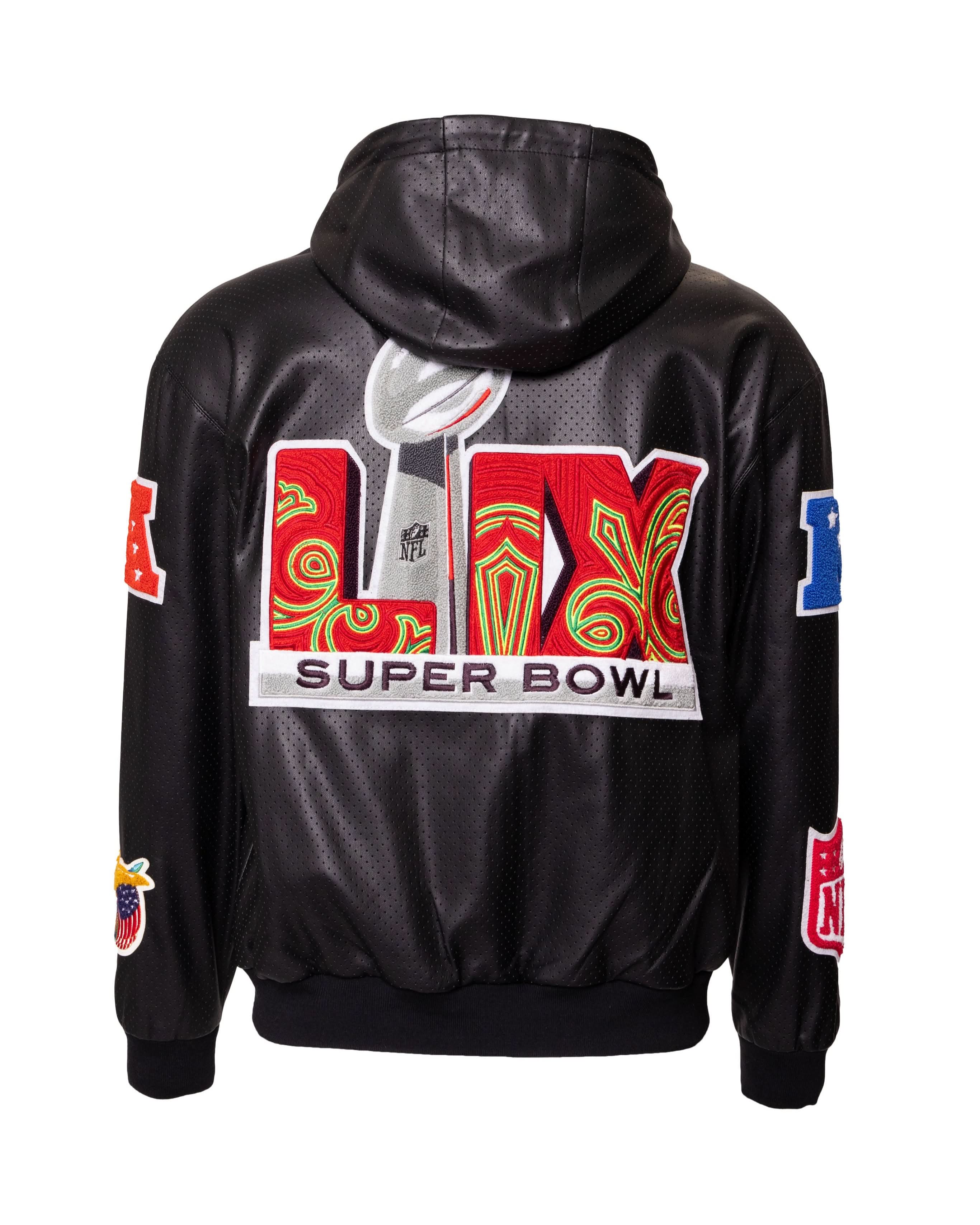 Super Bowl 2025 Vegan Leather Zip-Up Hooded Jacket