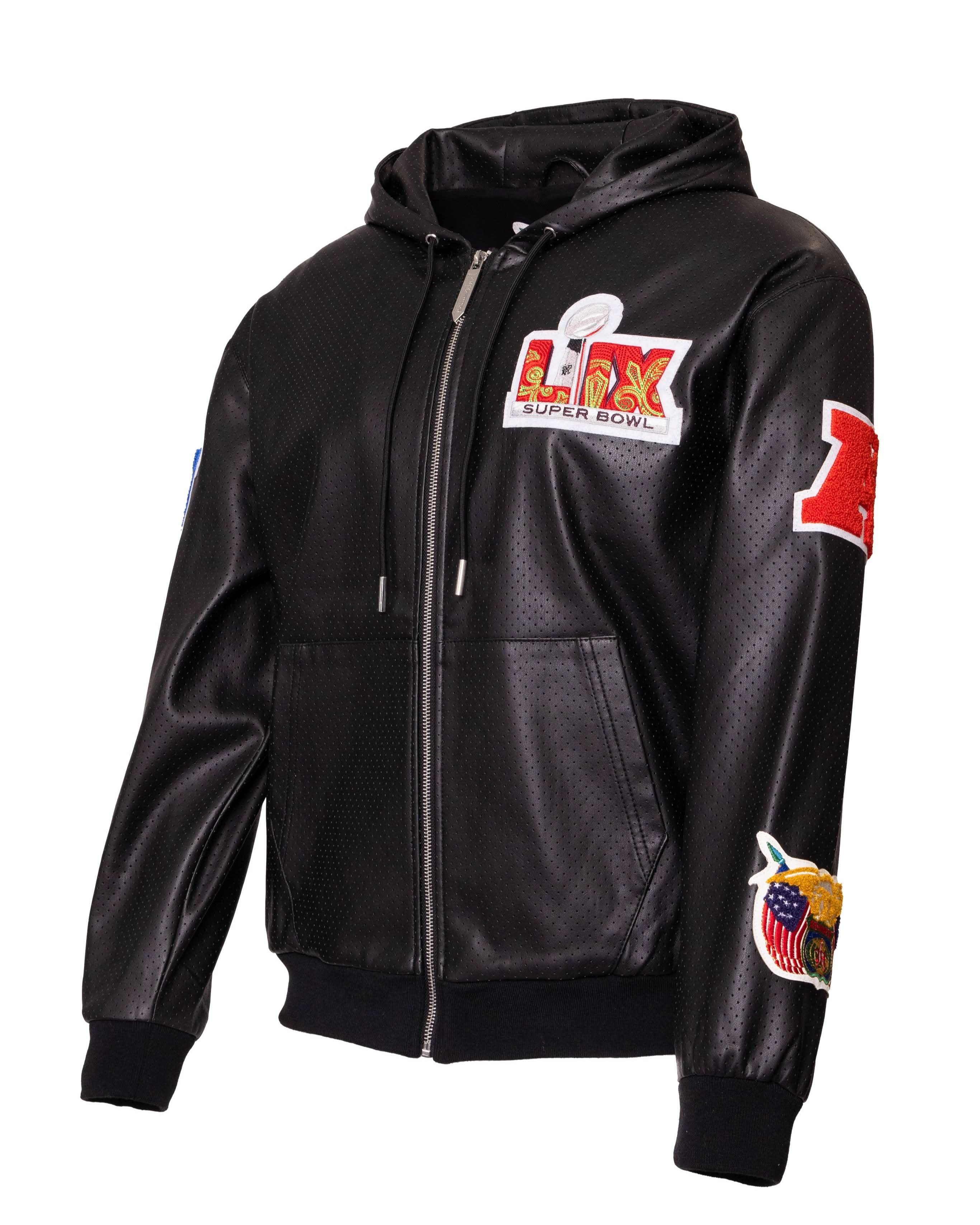 Super Bowl 2025 Vegan Leather Zip-Up Hooded Jacket - Image 3