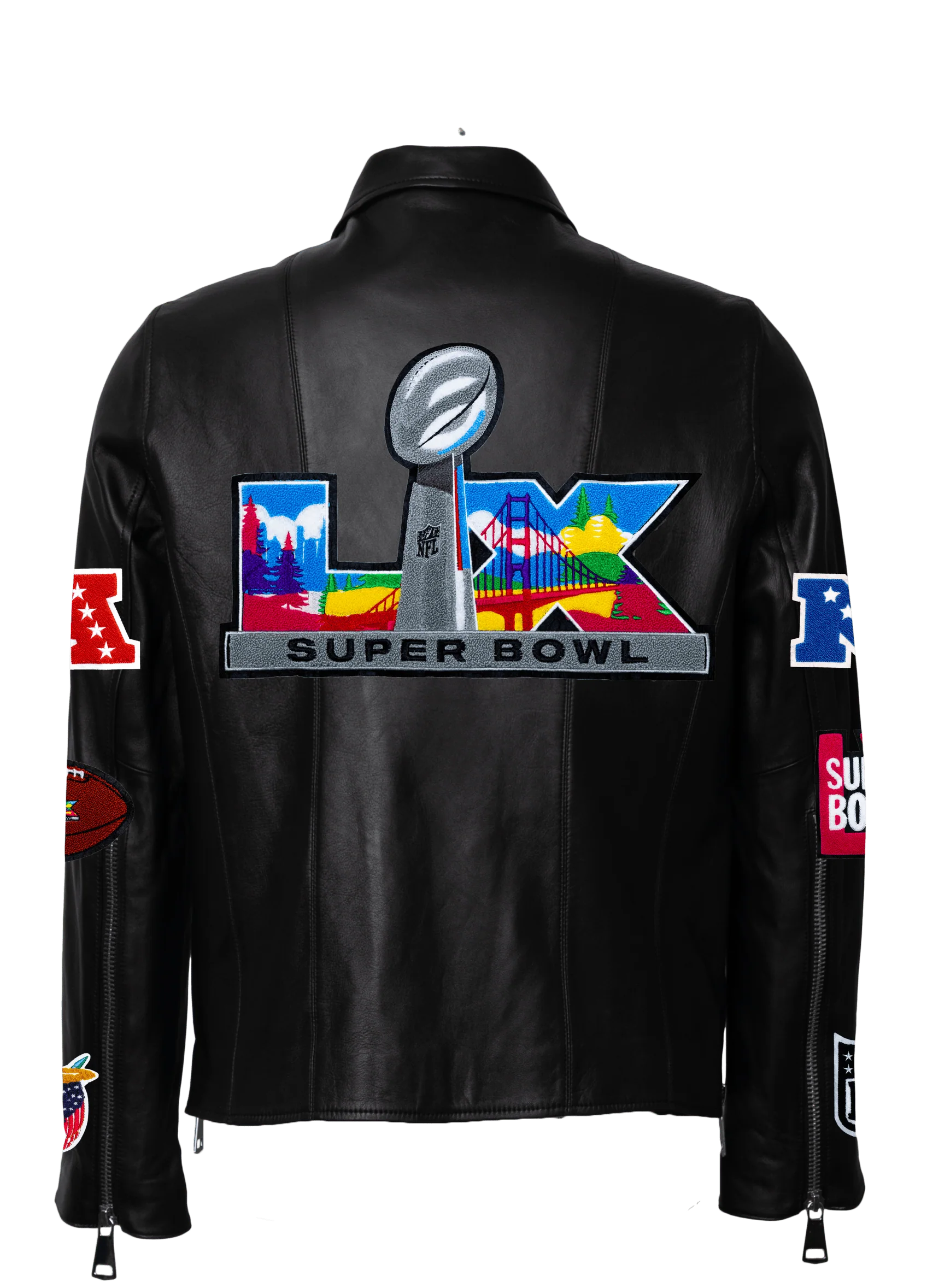 Super Bowl 2026 Full Leather Zip-Up Motocross Jacket-Black