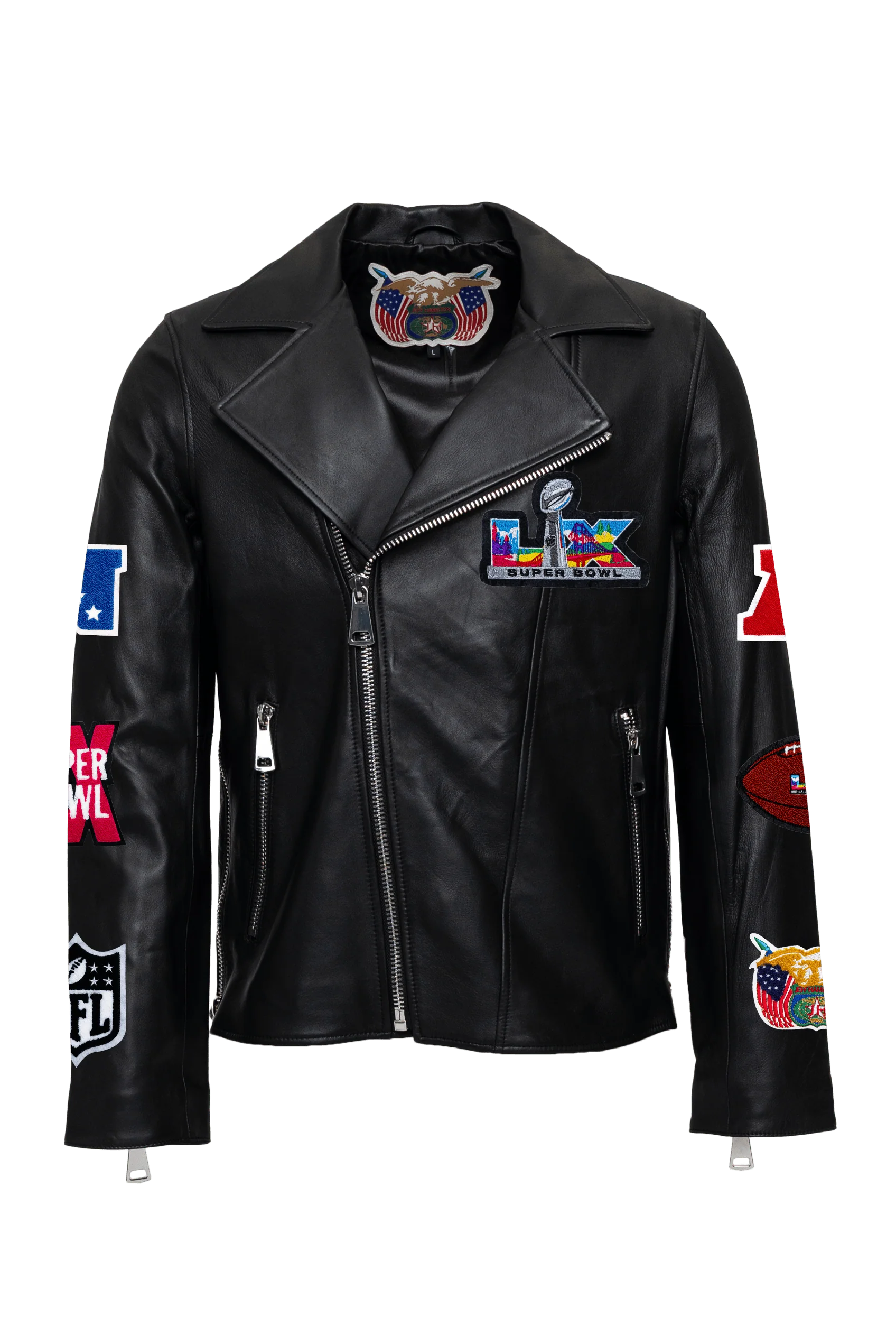 Super Bowl 2026 Full Leather Zip-Up Motocross Jacket-Black - Image 2
