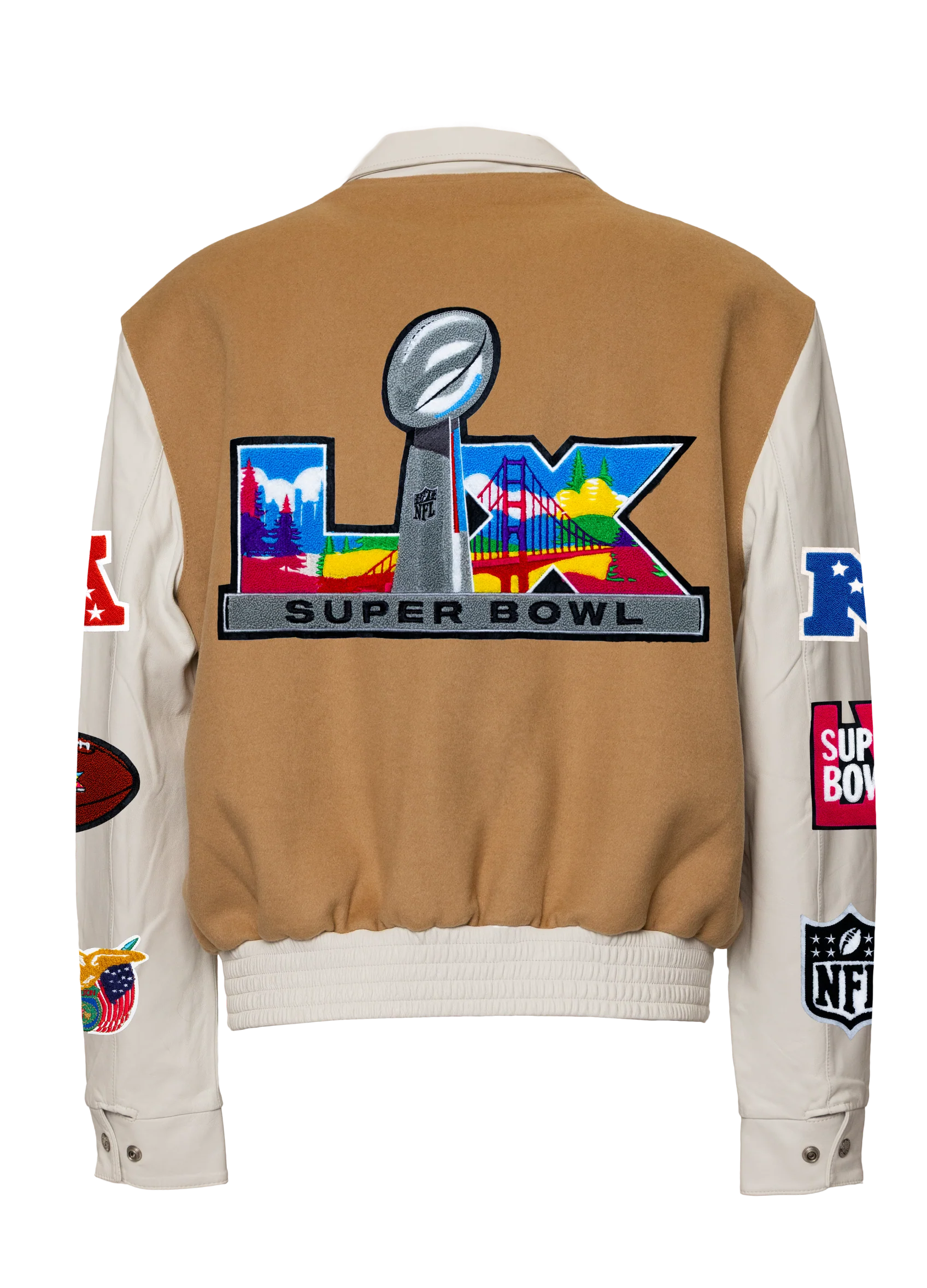 Super Bowl 2026 Wool & Leather Varsity Jacket Camel/White
